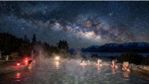 テカポ・スプリングスの露天温水プールに浸かりながら、満天の星と天の川を見上げる夜の風景。立ちのぼる湯気と澄んだ星空が織りなす、テカポ湖ならではの贅沢なひととき。