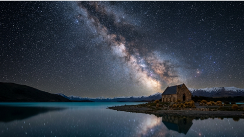 ニュージーランドのテカポ湖に広がる満天の星空と天の川。湖面に星空が映り込み、善き羊飼いの教会とサザンアルプスが幻想的に浮かび上がる夜の絶景