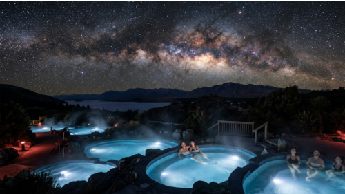 テカポ・スプリングスの露天温泉。温かい湯に浸かりながら、満天の星空と天の川を見上げる人々の静かな夜の風景。