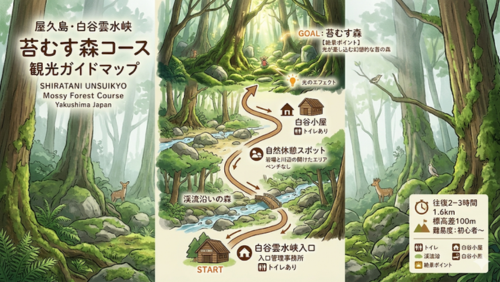 白谷雲水峡・苔むす森コースの入口から白谷小屋と苔むす森までを示したインフォグラフィック風トレッキングマップ