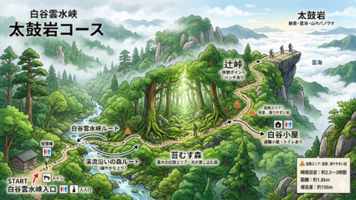 白谷雲水峡・苔むす森から太鼓岩までのルートが横に広がるトレッキングマップ(入口・休憩所・絶景ポイント付き)