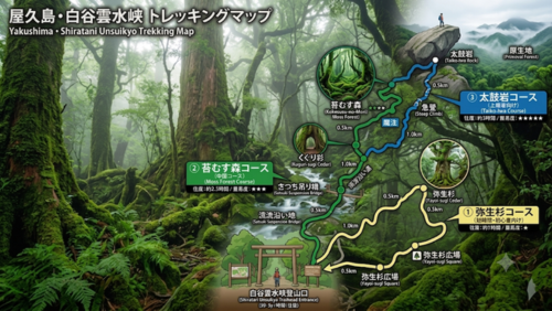 白谷雲水峡の弥生杉・苔むす森・太鼓岩の3ルートが分岐する全体トレッキングマップ