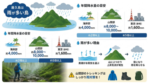 屋久島の年間降水量を示したインフォグラフィック。海岸部は約4,000mm、山間部は約8,000~10,000mmと東京(約1,600mm)を大きく上回る。黒潮の水蒸気が山にぶつかって雨を降らせる仕組みと、トレッキングでは雨対策が重要であることを図解で解説。