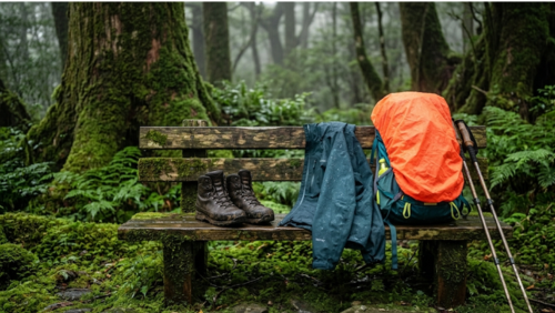 屋久島の苔むした森の入口に置かれたトレッキング装備。防水登山靴、レインウェア、バックパック、レインカバー、トレッキングポールが木製ベンチの上に整然と並び、雨上がりのしっとりとした空気と深い緑が広がる。屋久島トレッキングに必要な雨対策グッズをイメージできる実写写真
