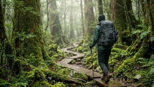 屋久島の雨上がりの森を装備を整えた登山者が歩く様子。苔むす森の木道と霧に包まれた自然の中で、安心してトレッキングを進めているイメージ。