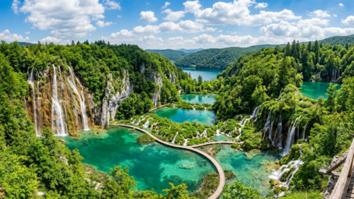 クロアチアのプリトヴィツェ湖群国立公園を代表する絶景。エメラルドグリーンの湖が階段状に連なり、その間を無数の滝が流れ落ちている。透明度の高い湖の上には木製の遊歩道が伸び、豊かな森に囲まれた世界遺産ならではの美しい自然風景が広がる。ブログ記事「クロアチア・プリトヴィツェ湖群国立公園とは？行き方・チケット・おすすめ季節を完全解説」のアイキャッチ画像。