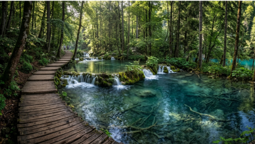 クロアチアのプリトヴィツェ湖群国立公園・上湖群の風景。森に囲まれた透明度の高い湖の間を、小さな滝が幾重にも流れ落ちている。木製の遊歩道が静かな自然の中を続き、観光客の少ない落ち着いた雰囲気のなかで、美しい湖と滝をゆっくり楽しめる景色が広がっている