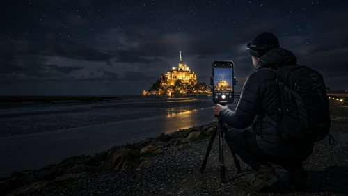 ライトアップされたモン・サン・ミッシェルを三脚付きスマホで撮影する旅行者。夜の幻想的な世界遺産を対岸から撮影する絶景フォトスポットの様子