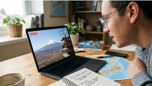 日本語: ラップトップに映る新倉山浅間公園と富士山のライブカメラ映像を、眼鏡をかけた旅行者が注意深く見つめるデスクシーン。机の上には地図、ノート、コーヒーがある。
英語: A detailed close-up of a traveler with glasses watching a live webcam feed of Mount Fuji and the Chureito Pagoda from Arakurayama Sengen Park on a laptop screen, with a travel planning notebook and map on the desk.