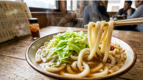 日本語: 富士吉田市の名物「吉田のうどん」。コシの強い太麺とトッピングのキャベツが特徴的な、温かい湯気が立ち上る一杯。
英語: A steaming bowl of authentic Yoshida Udon, a local specialty from Fujiyoshida, featuring thick, chewy noodles and fresh cabbage served in a rich savory broth.