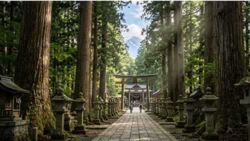 山梨県富士吉田市の北口本宮冨士浅間神社に続く神秘的な杉並木の参道