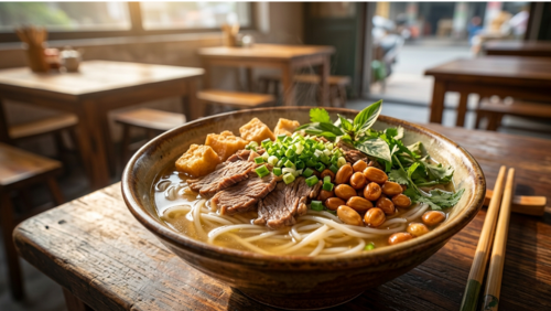 中国・桂林名物の桂林米粉。細い米麺に澄んだスープを注ぎ、牛肉、揚げ豆腐、ピーナッツ、青ねぎをトッピングした一杯。湯気が立ち上る素朴で温かみのある朝食風景