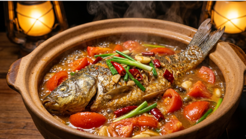 中国・桂林の名物料理「ビールフィッシュ」。漓江で獲れた新鮮な川魚を丸ごと使い、トマトや唐辛子とともにビールベースのソースでじっくり煮込んだ料理。湯気が立ち上る香り豊かな郷土料理の一皿。