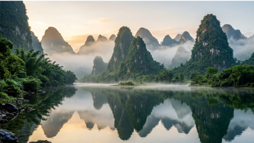 中国・桂林の幻想的なカルスト地形。霧に包まれた奇岩の山々が静かな川面に映り込み、水墨画のような絶景が広がる風景。